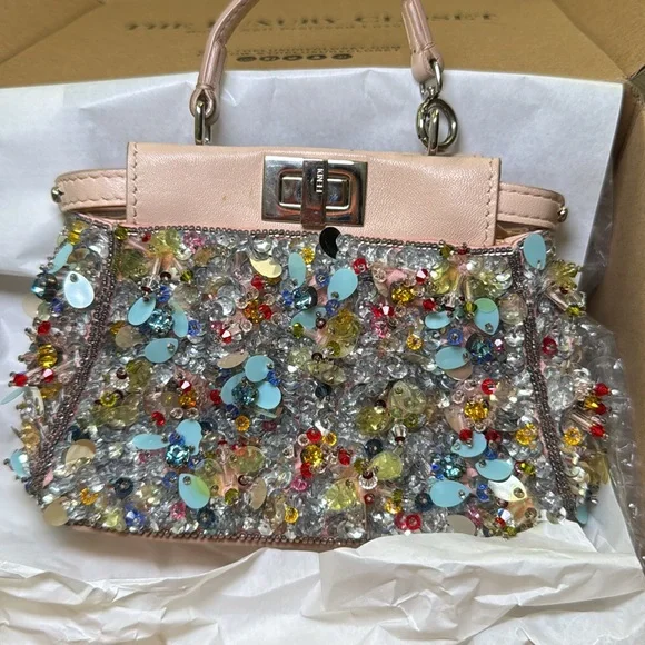 Fendi Beige Leather Micro Peekaboo Embellished Crossbody - Picture 4 of 14